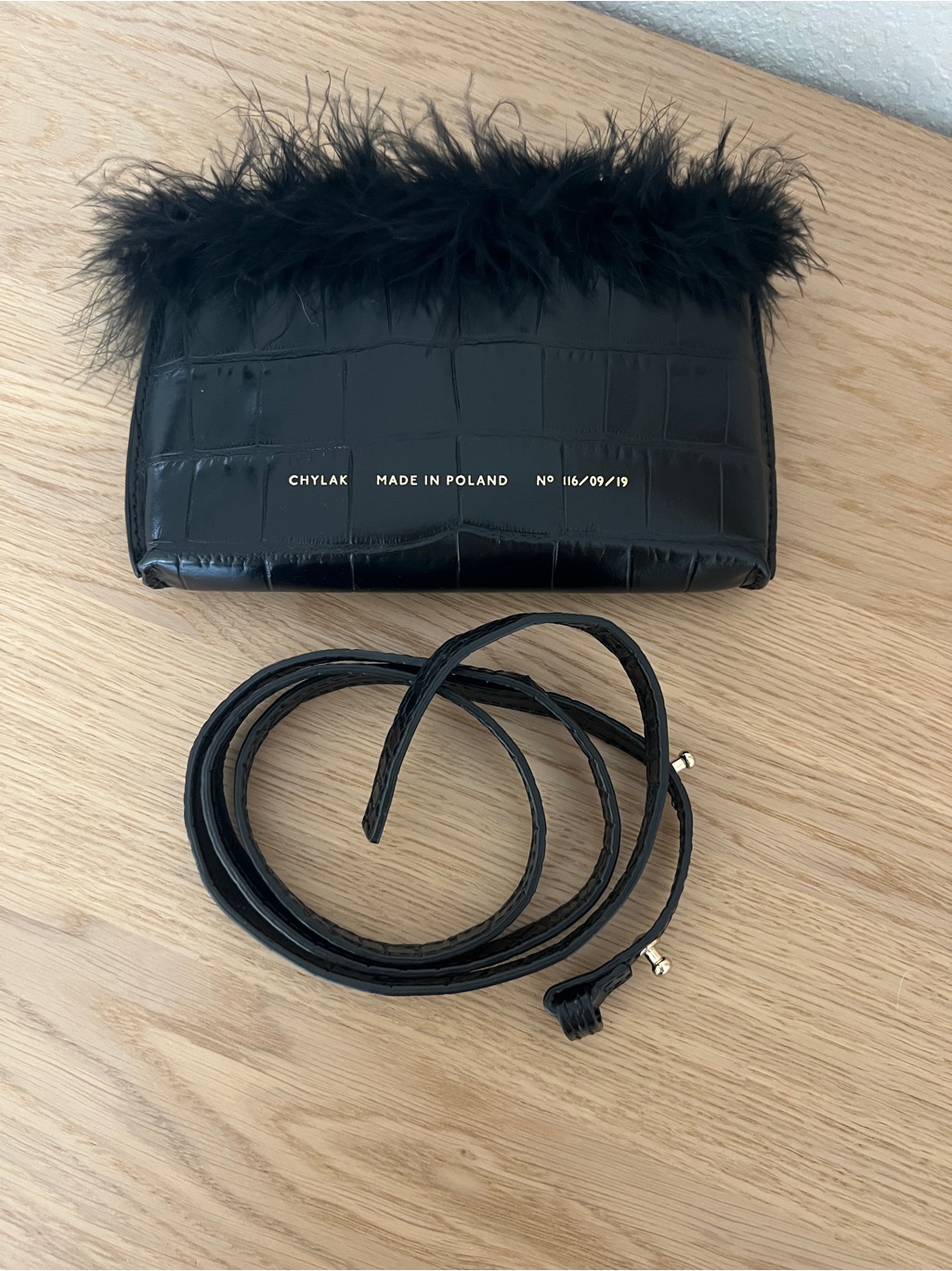 Chylak Black Croc Leather Feather Trim Mini Crossbody Bag — image 2 of 4